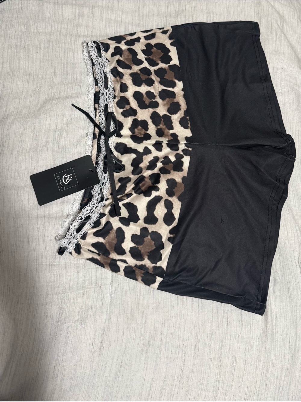 Lace-Trim Leopard Panel Sleep Shorts - Black & Beige